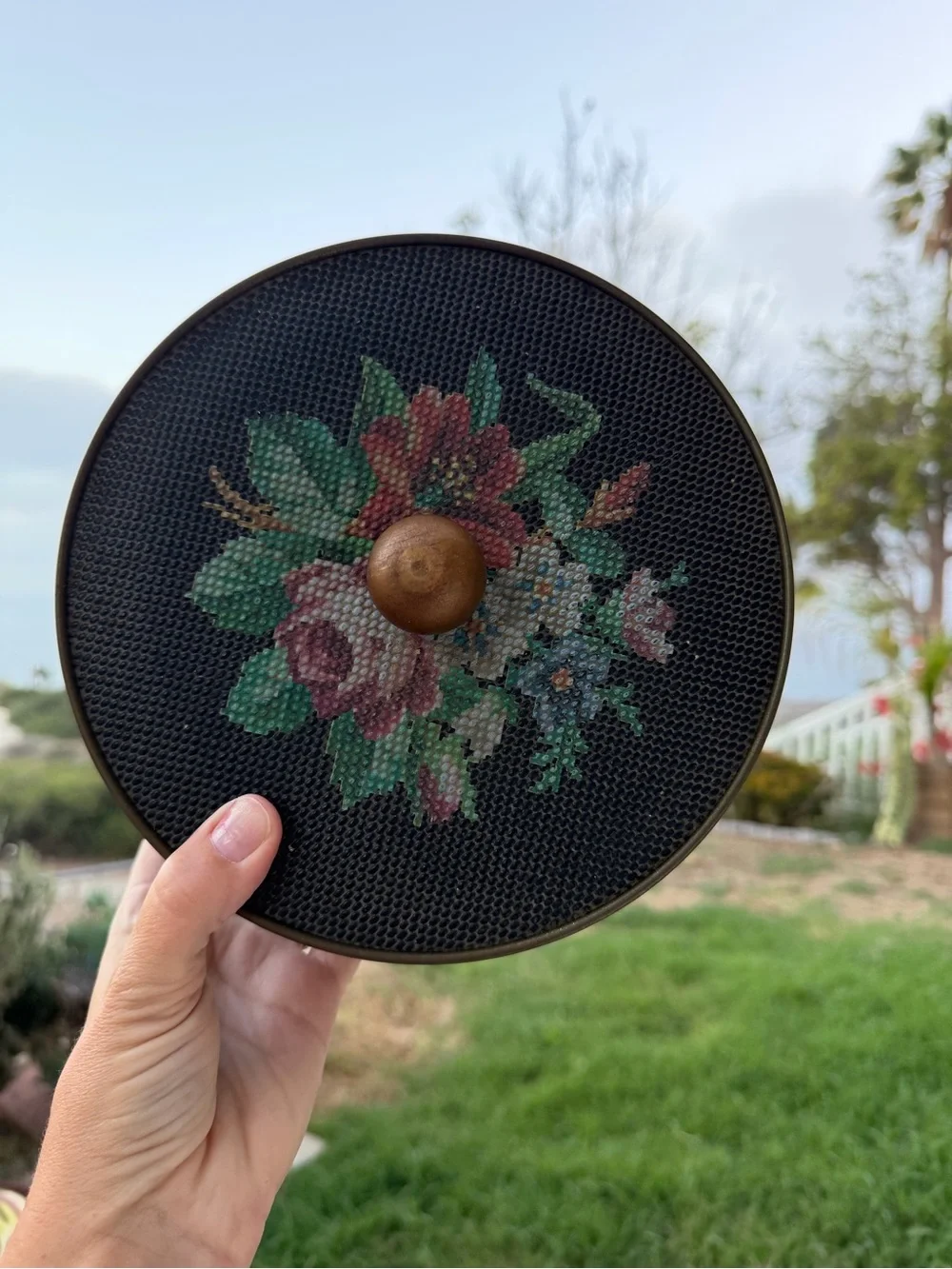 Embroidered Floral Round Storage Tin - Black & Pink